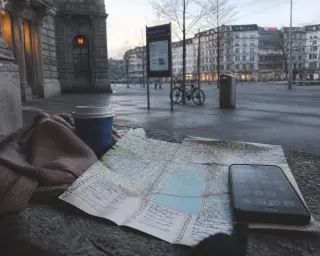 A paper map and smartphone on a stone ledge above a quiet city square in soft winter light, with subtle signs of recent activity.