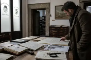 Person focused on old maps and notes in a softly-lit local archive, winter light and vintage details creating a contemplative mood.
