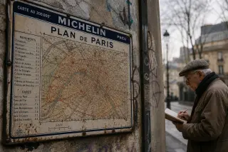 A weathered Michelin enamel street map on a city wall with an elderly man thoughtfully observing it in soft winter light.