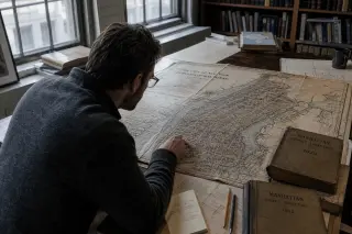 Urban planner tracing historic Manhattan map in softly lit archive room, surrounded by old documents and city blueprints.