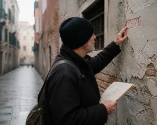 Researcher inspecting an old house number on a weathered Venetian wall in a quiet, empty alley bathed in soft winter light.