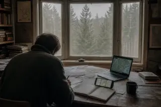 Person absorbed in comparing digital and paper maps at a wooden table in a softly lit archival room, with Vosgian woods visible through a dusty window.
