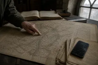 A close-up of an elderly hand examining an old annotated map in an archive room, with a smartphone placed nearby in soft natural light.