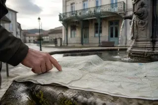 Hand of a local tracing an unfolded tourist map on the edge of a stone fountain, Belle Époque building blurred in the background, soft natural morning light.