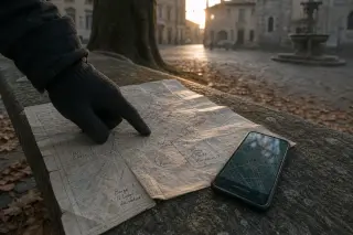 Old annotated paper map and phone with offline city plan on a stone bench, solitary hand tracing a route, early morning light in quiet square
