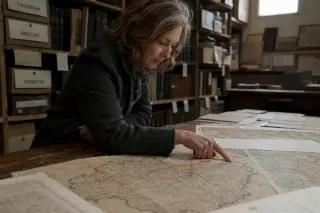 Woman thoughtfully studying old district maps in a softly lit, intimate archive room