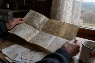 Elderly hands unfolding an old, annotated bus map on a wooden table in a softly lit rural kitchen, with blurred countryside outside the window.