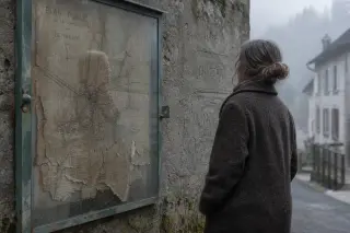 A resident stands pensively in front of a faded, peeling plan mural on a stone wall, comparing paper map and engraved street names, with winter fog and gentle morning light.