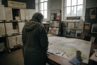 A person studies a paper city map in a softly lit archive room, surrounded by old maps and documents, creating a calm, contemplative atmosphere.