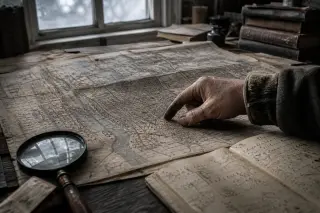 Close-up of a hand examining a faded antique city map on a wooden table, with archival notes and a magnifying glass under soft grey daylight.