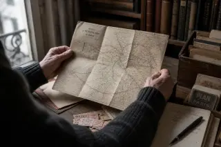 Close-up on the hands of an elderly person carefully opening an old Paris metro map on a desk, surrounded by vintage tickets and notes, in a softly lit, archival setting.