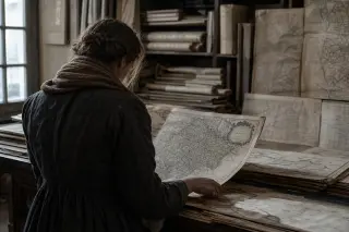 Person in a historic archive room, quietly studying an old map at a wooden table surrounded by shelves of antique documents in soft winter light.