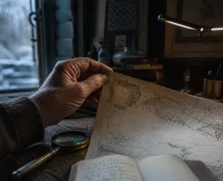 A close-up of an elderly person's hand holding an old map near a magnifying glass and notes on a wooden desk in soft winter daylight.