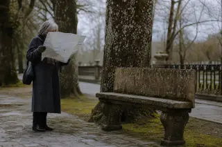 Elderly woman with map pauses near mossy stone bench in a tranquil, tree-shaded corner of an old thermal park, muted spring light and subtle historic details visible.
