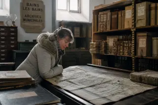 Woman absorbed in studying an old map inside serene, softly lit municipal archives with shelves of historic documents