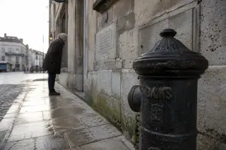 Original stone sidewalk and antique cast-iron hydrant at dawn in Bains-les-Bains, with a solitary person quietly examining a plaque in the distance.