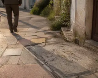 Textured old pavement and blurred legs of a passerby in soft natural light, suggesting quiet movement and local history.