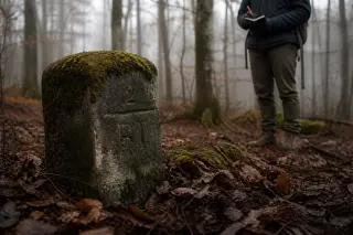 Mossy old stone marker in a quiet Vosges forest, with a contemplative hiker partially visible and soft winter light filtering through the trees.
