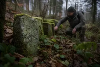Overgrown stone boundary with moss, subtle carving revealed as a solitary person inspects it in a quiet forest setting