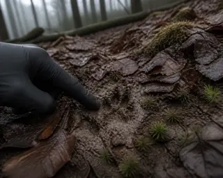 Gloved hand carefully observing an animal footprint in wet forest mud among fallen leaves and moss on the ground