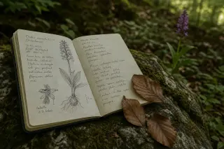 Botanical field notebook with plant sketches open on a mossy stone in a shaded forest, with a wild orchid and beech leaves nearby, in gentle natural morning light.