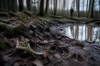 Mossy forest floor with animal tracks, a deer antler among leaves, and a quiet observer in the misty background.