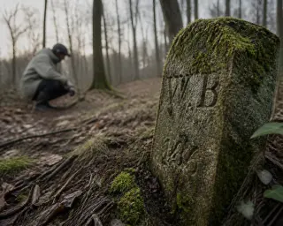 Mossy old stone marker in forest floor focus, with solitary person crouched in background examining it, under soft early morning light.