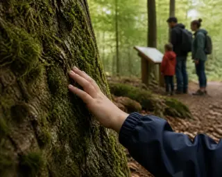 Child's hand touching mossy tree trunk in shaded Vosges forest, with family quietly reading a sign in the background.