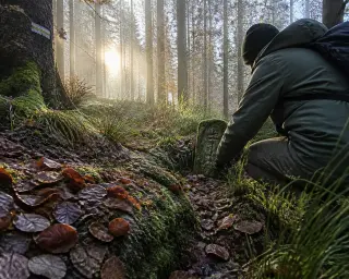 Mossy forest path at dawn with old wheel ruts, a solitary person crouched to examine a nearly hidden carved wooden marker in soft golden light through tall beech trees.