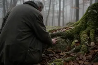 Mossy beech root entwines engraved stone in quiet forest, man in coat kneels in study, autumn leaves and misty light evoke contemplative atmosphere.