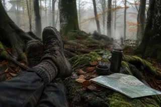 Hiking boots and socks resting on mossy tree trunk beside steaming cup in forest, map nearby, with soft grey morning light.