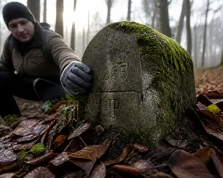 Mossy boundary stone with faded engravings touched by a gloved hiker's hand in a quiet Vosges forest under soft winter light.
