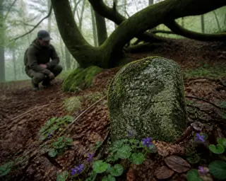 Weathered stone marker with moss in a quiet Vôge forest, person in background observing quietly under beech trees in soft grey morning light.