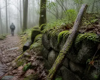 Moss-covered walking stick leaning against a stone in a humid forest, solitary person blurred in the background among dense trees