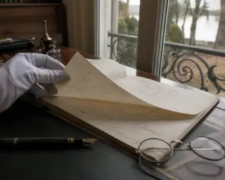 Gloved hand leafing through an old guestbook on a desk near a window in a Belle Époque villa with soft winter light illuminating part of a garden and iron balcony outside.