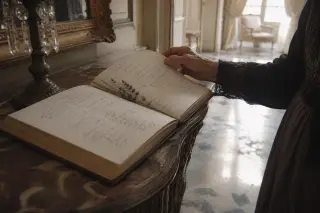 A vintage guestbook on a wooden console in a villa foyer, a woman's hand turning its page in soft natural light, creating a quiet, nostalgic atmosphere.