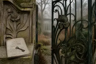 Partially open Art Nouveau wrought iron gate with vegetal motifs, vintage key and old map on a stone post, misty garden in winter light beyond.