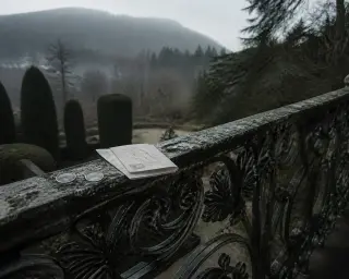 Ornate cast iron balustrade of a Belle Époque villa terrace, with a folded letter and pince-nez, overlooking misty gardens and forested hills in soft morning light.