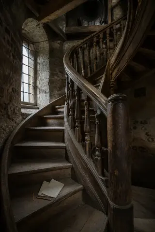Old wooden staircase with worn steps and soft natural light inside a stone bell tower, pencil and paper resting on a step.
