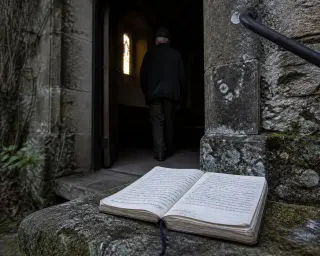 Open notebook on a mossy stone threshold outside a rural chapel, with a villager entering in soft, natural light