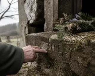 Weathered hand gently touching faint carving on mossy stone at the entrance of a small rural oratory, wildflowers nearby in soft winter light.