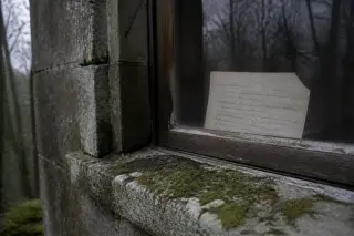 Weathered window ledge of historic workers’ house at La Fayolle, with moss, old handwritten document visible through dusty glass, soft gray daylight, subtle forest background.