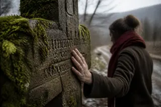 Moss-covered stone cross with a solitary woman gently touching its inscription on a quiet rural path in soft winter light.