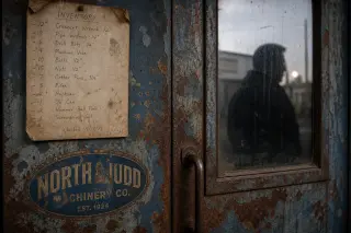 Detail of a weathered workshop door with peeling paint, old handwritten inventory, faded logo, and faint reflection of a solitary figure in the window