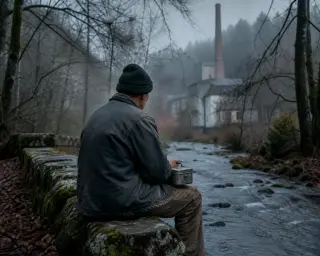 A man sits alone on a stone wall by a forest stream, holding a lunch tin, with an old factory and chimney visible in the misty background.