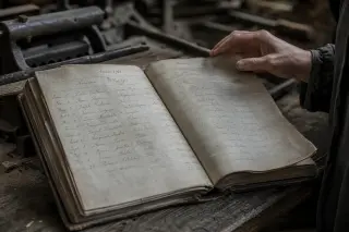 Old handwritten ledger open on a workbench, a hand turning a page, papermaking tool in the background, soft grey daylight.