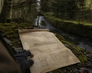Old technical sketch partially unrolled on mossy stone by a narrow forest canal, soft natural light, gloved hand nearby, subdued and contemplative mood.