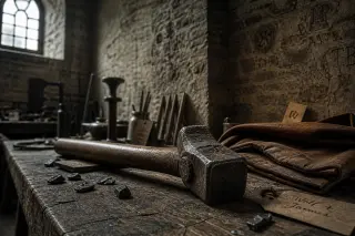 Old forge hammer and scattered iron pieces on a worn bench in a dim, dusty room with engraved brick wall and soft daylight.