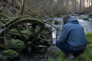 Mossy hydraulic wheel fragment half-submerged by a stream in a Vosges forest with a solitary figure crouched in quiet observation, captured in soft winter light.