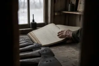 Archive room with an elderly hand on an old ledger, logging tools with initials in foreground, soft wintry light through window